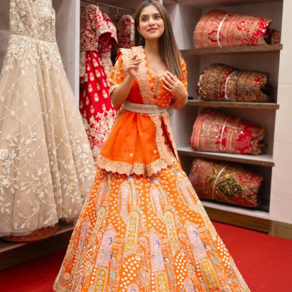 Rust Orange Handwork Bridal Lehenga With Peacock Motif